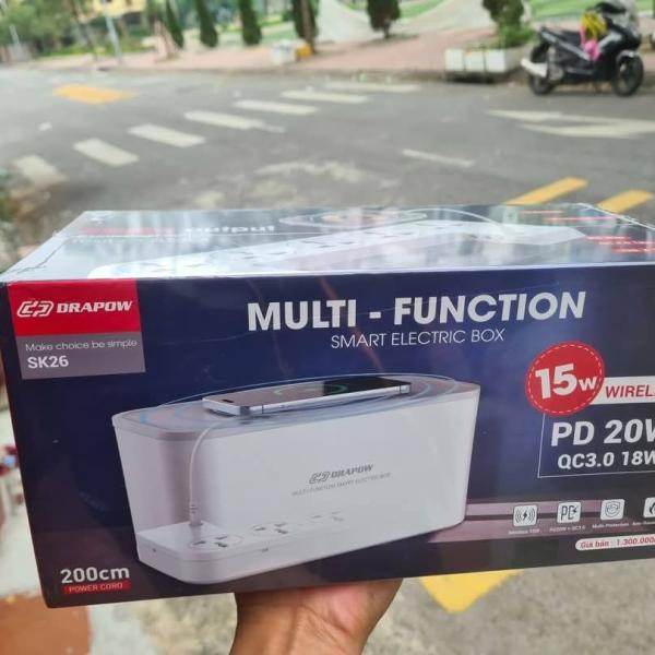 Hộp ổ điện thông minh Drapow SK26, 5 ổ cắm 220v, cổng sạc C 20W, sạc không dây 15w